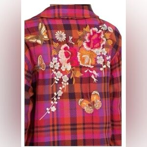 Johnny Was Azaela plaid wool shirt jacket with embroidery.